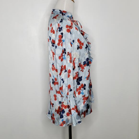 Zara Keyhole Neck Ruffle Trim Blouse Blue Floral Long Sleeve XS - Picture 2 of 10